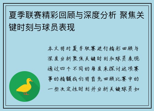 夏季联赛精彩回顾与深度分析 聚焦关键时刻与球员表现